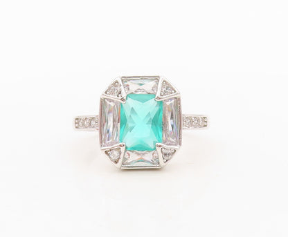 925 Sterling Silver Vintage Ring Rectangle Sea Green Halo White CZ  Sz 7 RG30409