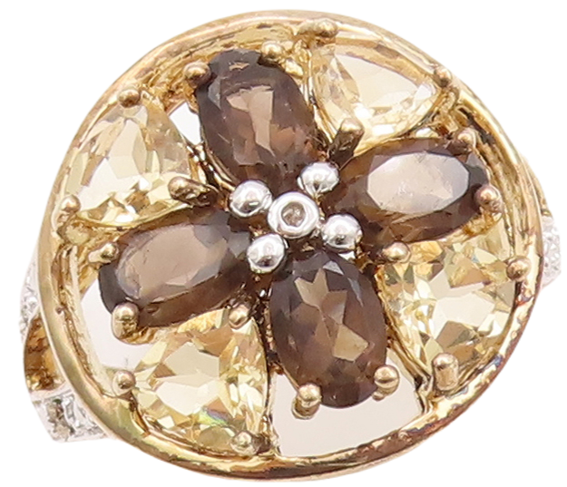 925 Sterling Silver Vintage Ring Gold Plated Citrine Diamond Quartz Sz 7 RG29678