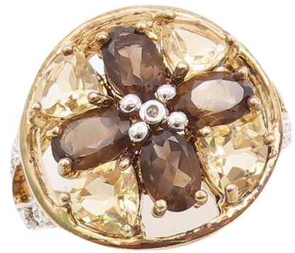 925 Sterling Silver Vintage Ring Gold Plated Citrine Diamond Quartz Sz 7 RG29678