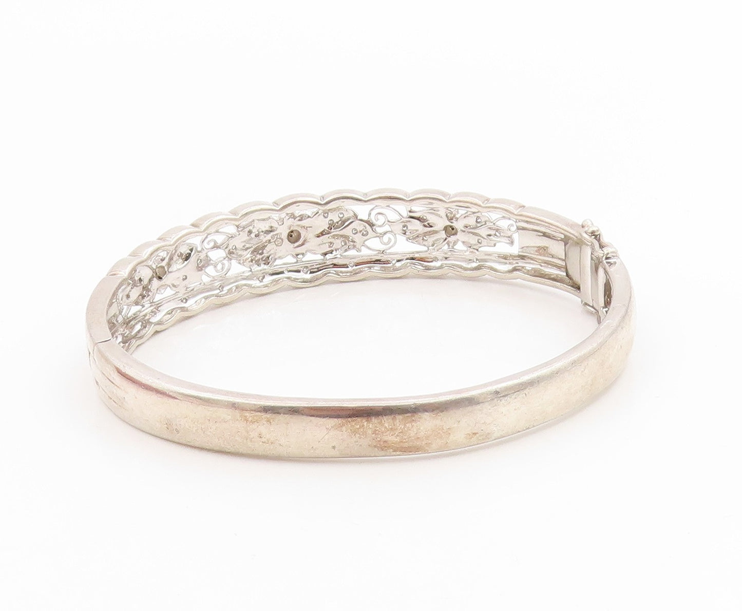 925 Sterling Silver Vintage Bracelet Real Diamonds Floral Rose Bangle  BT11998