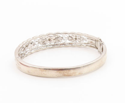925 Sterling Silver Vintage Bracelet Real Diamonds Floral Rose Bangle  BT11998
