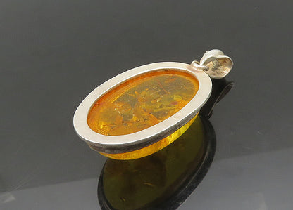925 Sterling Silver  Vintage Cabochon Cut Amber Oval Drop Pendant  PT16614