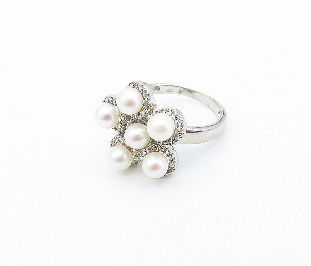 925 Sterling Silver  Freshwater Pearls Style Floral Cocktail Ring Sz 8  RG4114