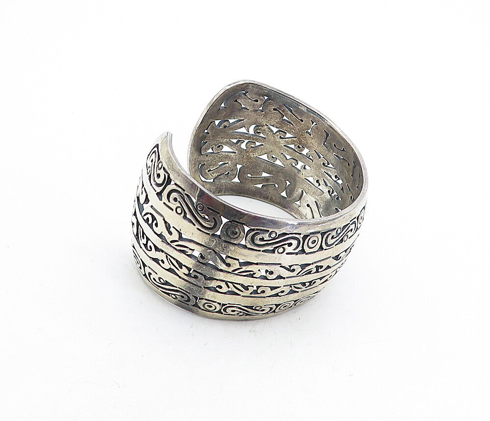 MMA MEXICO 925 Silver  Vintage Dark Tone Wide Swirl Cuff Bracelet  BT1958