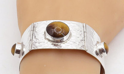 ISRAEL 925 Silver  Vintage Tiger's Eye Shiny Hammered Chain Bracelet  BT2178