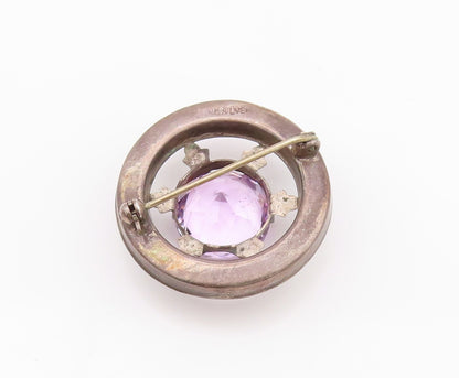 925 Sterling Silver Vintage Brooch Antique Amethyst Halo Gemstone Wheel  BP11673