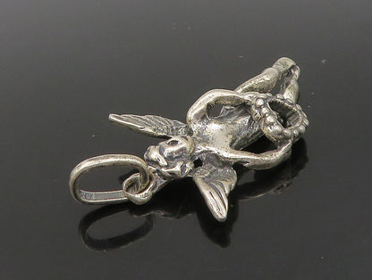 925 Sterling Silver  Vintage Dark Tone Cupid Angel Love Heart Pendant  PT19586