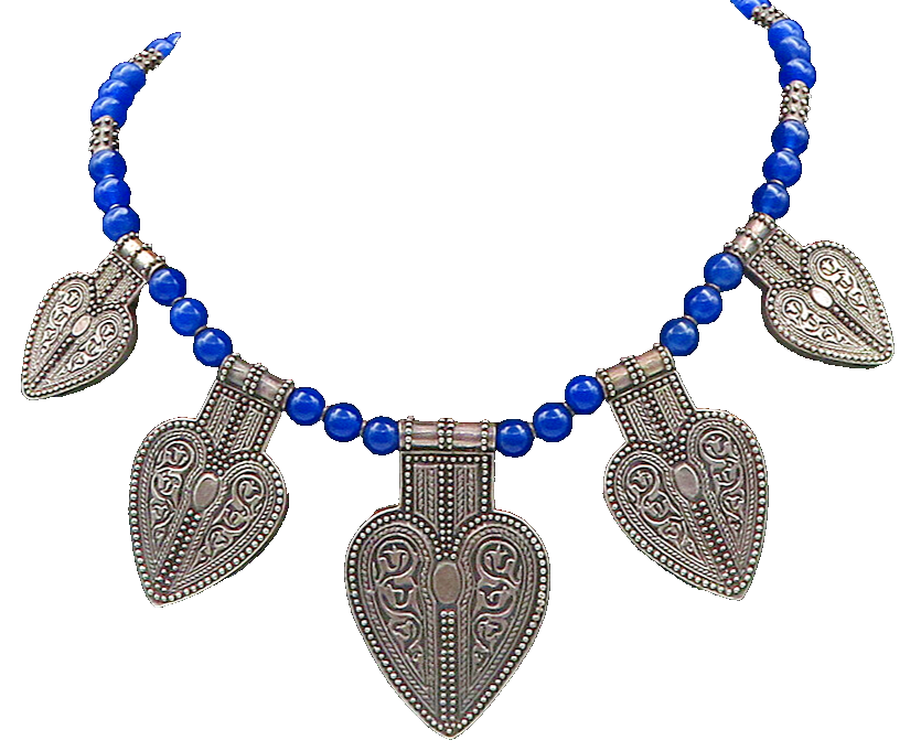 URARTU 925 Silver  Vintage Floral Love Heart Blue Stone Beaded Necklace NE3263