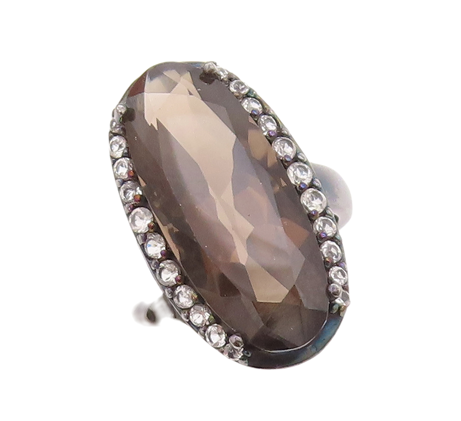 925 Sterling Silver Vintage Ring Large Oval Smoky Quartz & Topaz  Sz 8  RG29442
