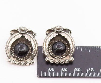 925 Sterling Silver Vintage Earrings NAVAJO Black Onyx Floral Leaf Motif EG14216