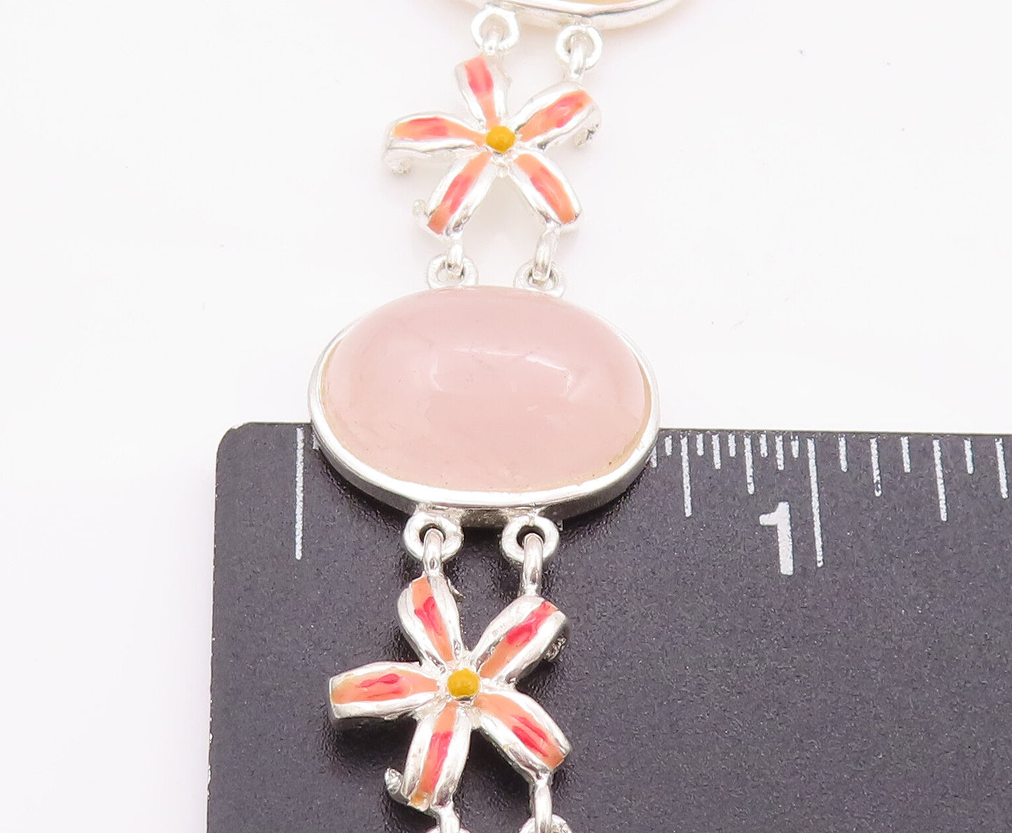 925 Sterling Silver Vintage Bracelet DAVID SIGAL Floral Link Pink Quartz BT10179