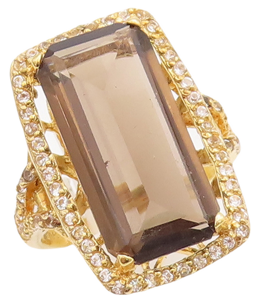 925 Sterling Silver Vintage Ring Gold Plated Smoky Quartz & Topaz Sz 7.5 RG29731