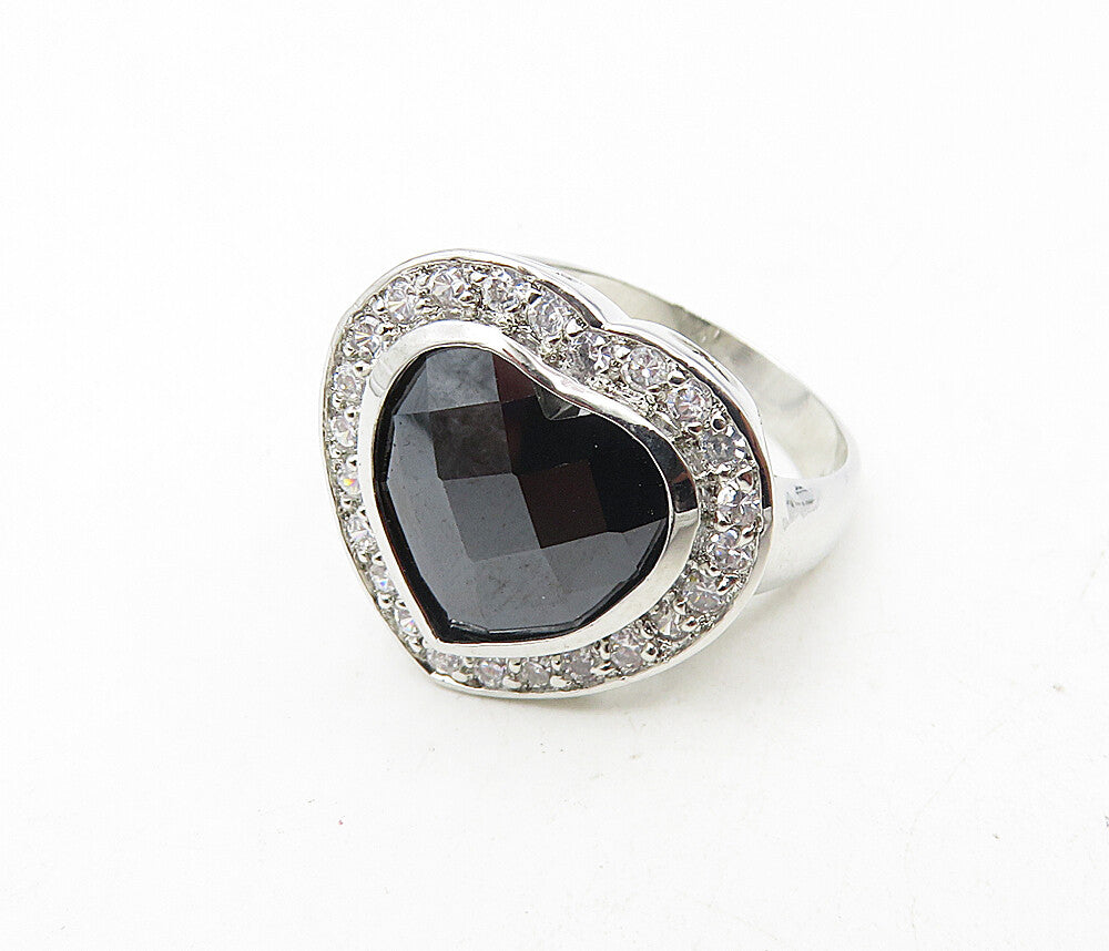 925 Sterling Silver  Hematite & Cubic Zirconia Heart Cocktail Ring Sz 8 RG9021