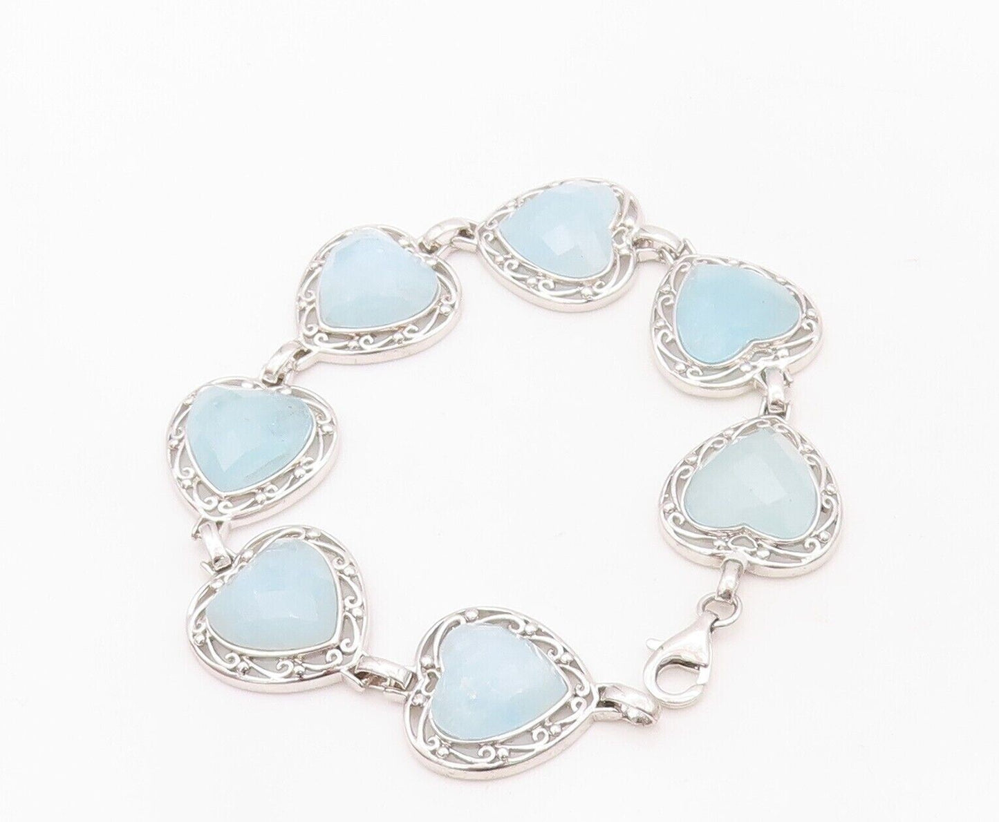 925 Sterling Silver Vintage Bracelet Heart Shape Aquamarine Swirly Cut  BT10710