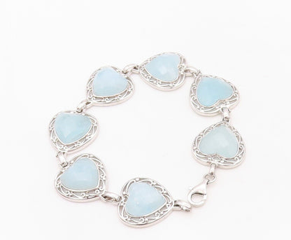 925 Sterling Silver Vintage Bracelet Heart Shape Aquamarine Swirly Cut  BT10710