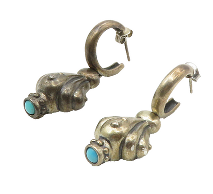 DESIGNER 925 Sterling Silver Vintage Turquoise Scalloped Dangle Earrings EG8692