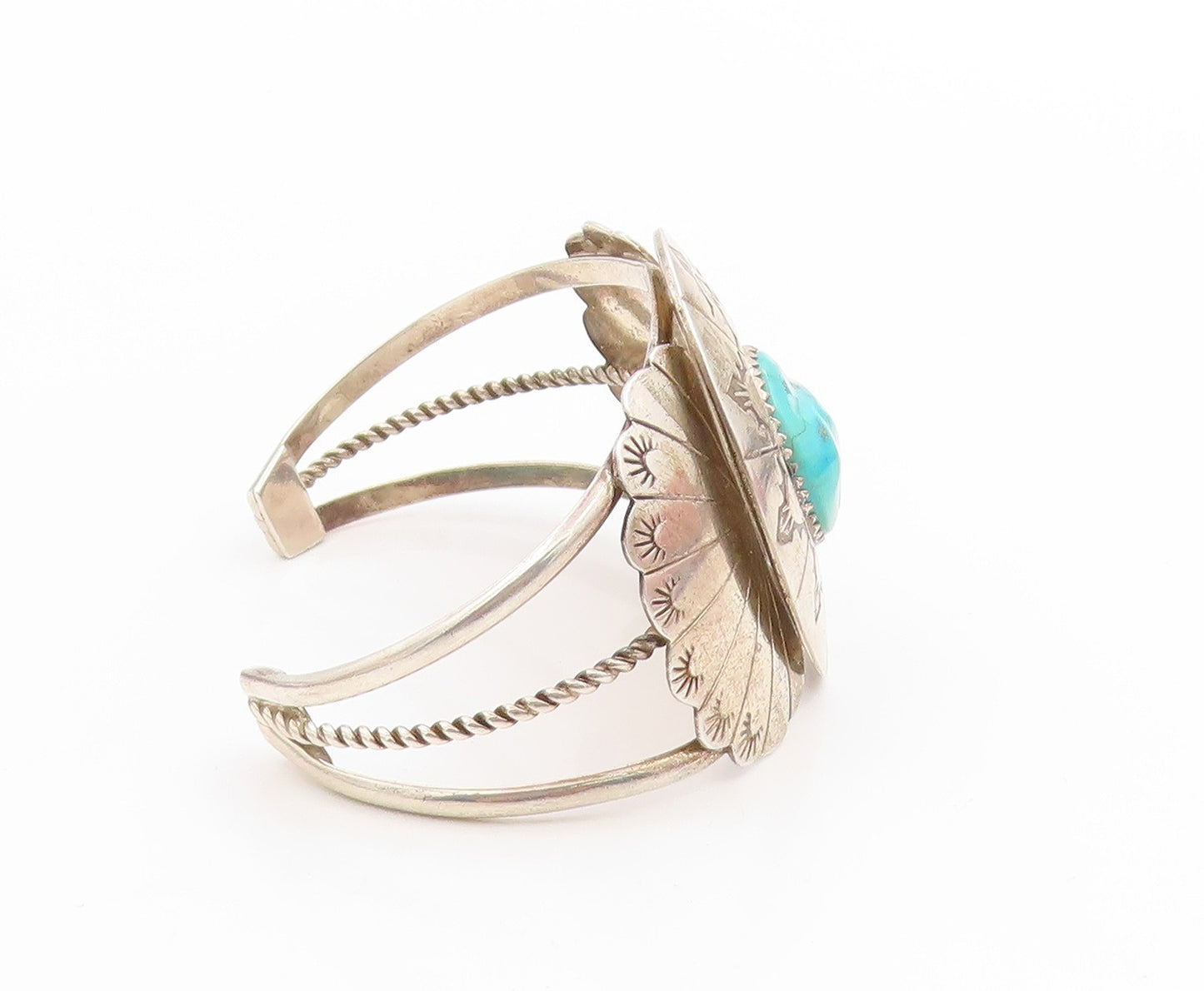 925 Sterling Silver Vintage Bracelet NAVAJO Turquoise Concho Wide Cuff  BT11790