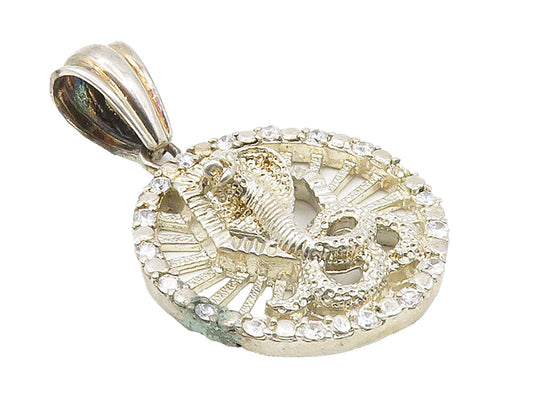 925 Sterling Silver  Vintage Cubic Zirconia Cobra Snake Round Pendant  PT11952