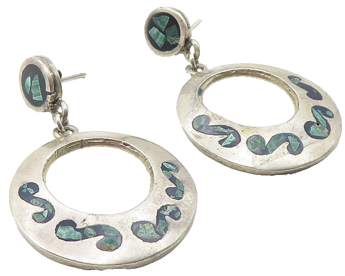 MEXICO 925 Sterling Silver  Vintage Inlaid Turquoise Dangle Earrings  EG5932