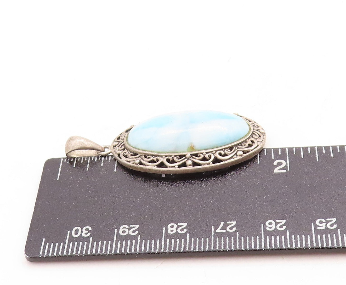 925 Sterling Silver Vintage Pendant Swirly Carved Oval Frame Larimar  PT23761
