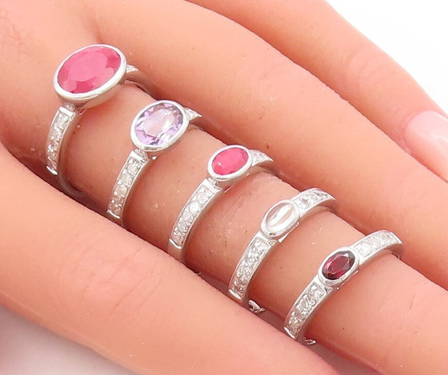 925 Sterling Silver Vintage Ring Oval Gemstones & Real Diamonds  Sz 7  RG29447