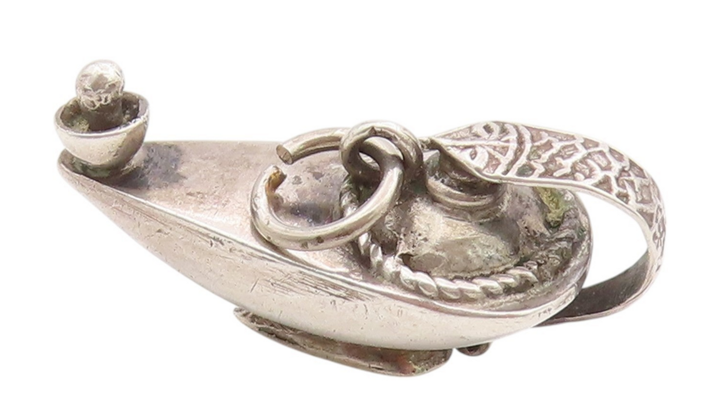 925 Sterling Silver Vintage Pendant 3D Carved Dark Tone Genie Lamp  PT24372