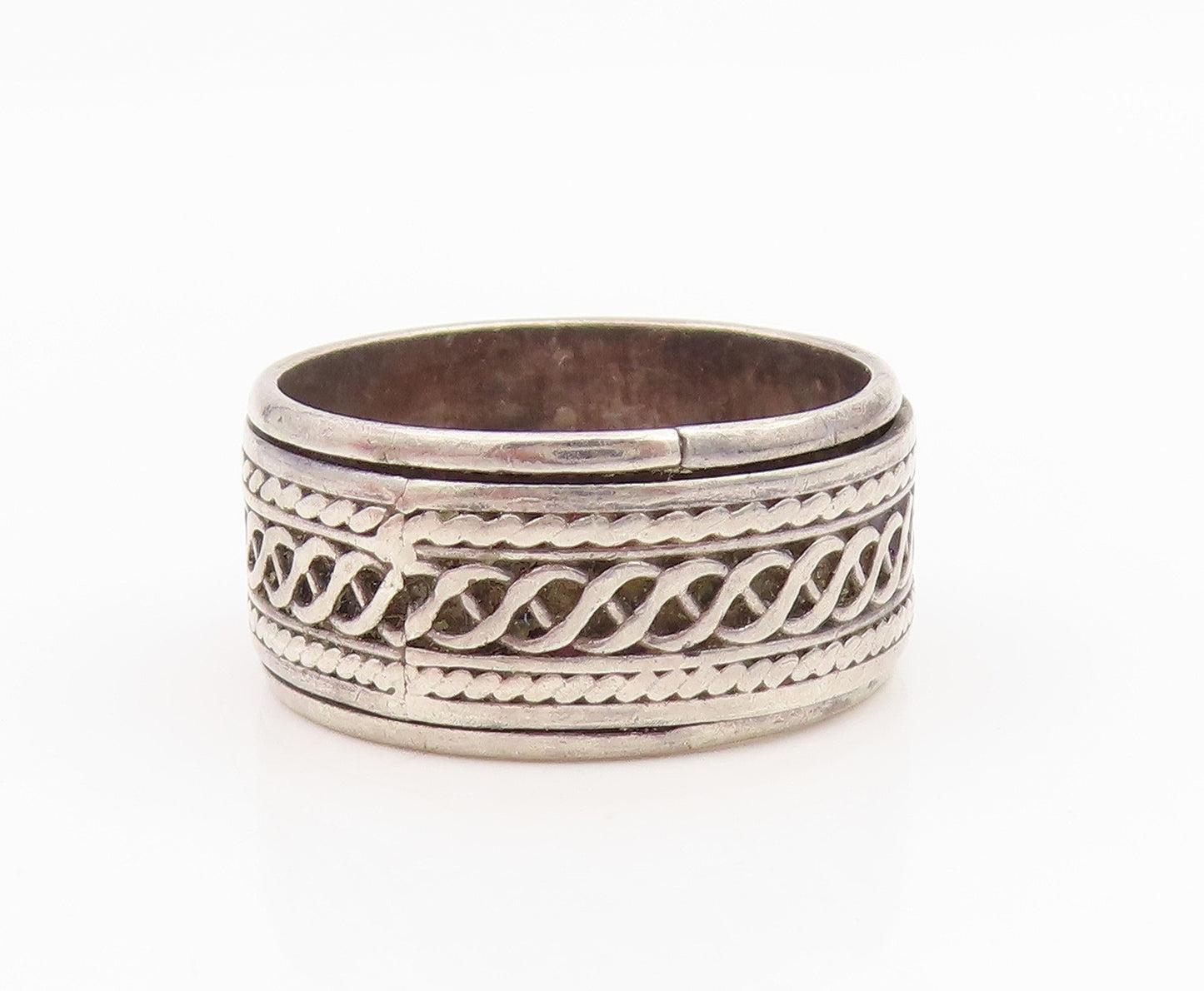 925 Sterling Silver Vintage Ring Celtic Weave Wide Spinner Band  Sz 11  RG35055