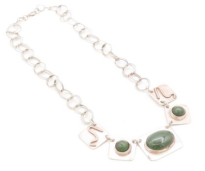 925 Sterling Silver  Vintage Cabochon Cut Green Jasper Chain Necklace  NE2149