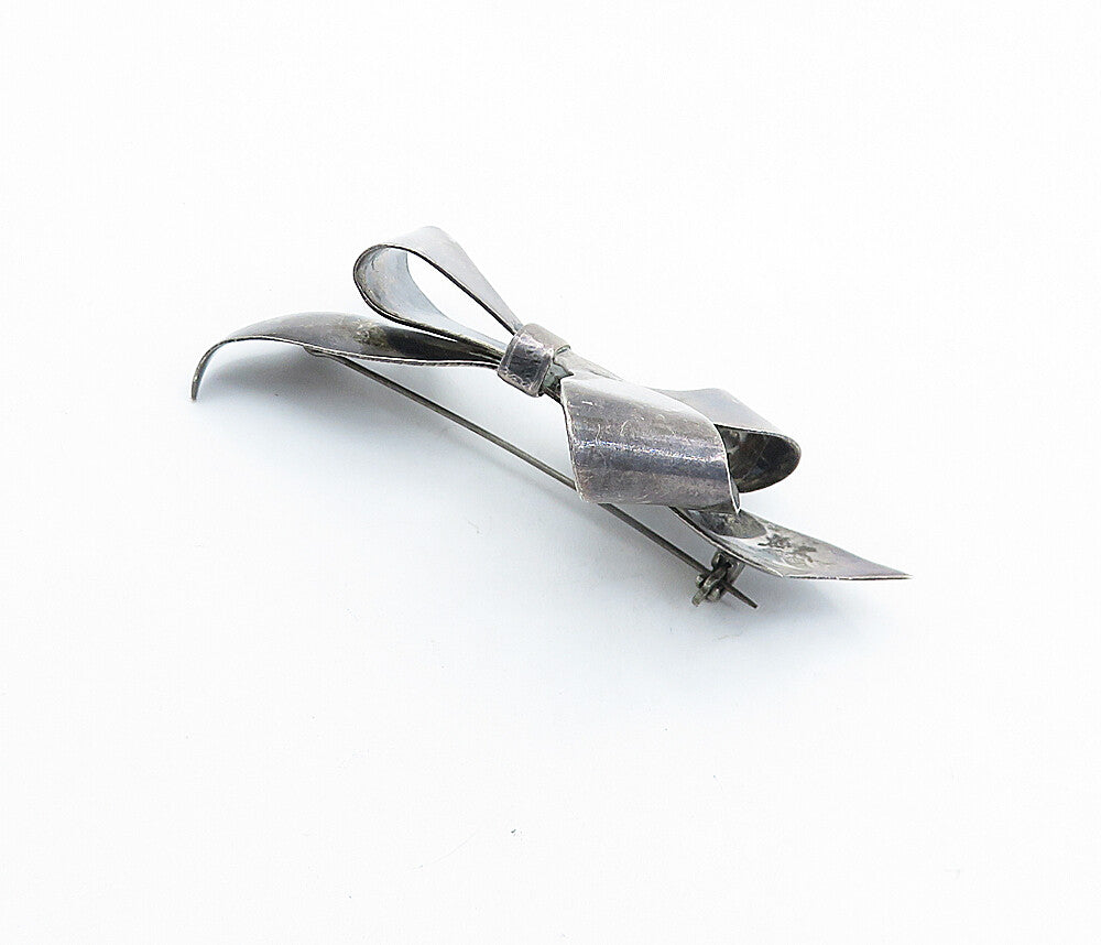 MEXICO 925 Sterling Silver  Vintage Oxidized Bow Tied Ribbon Brooch Pin BP2384