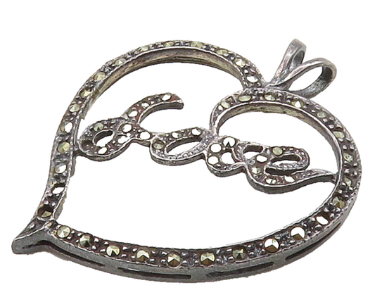 925 Sterling Silver  Vintage Shiny Marcasite Open Love Heart Pendant  PT12645