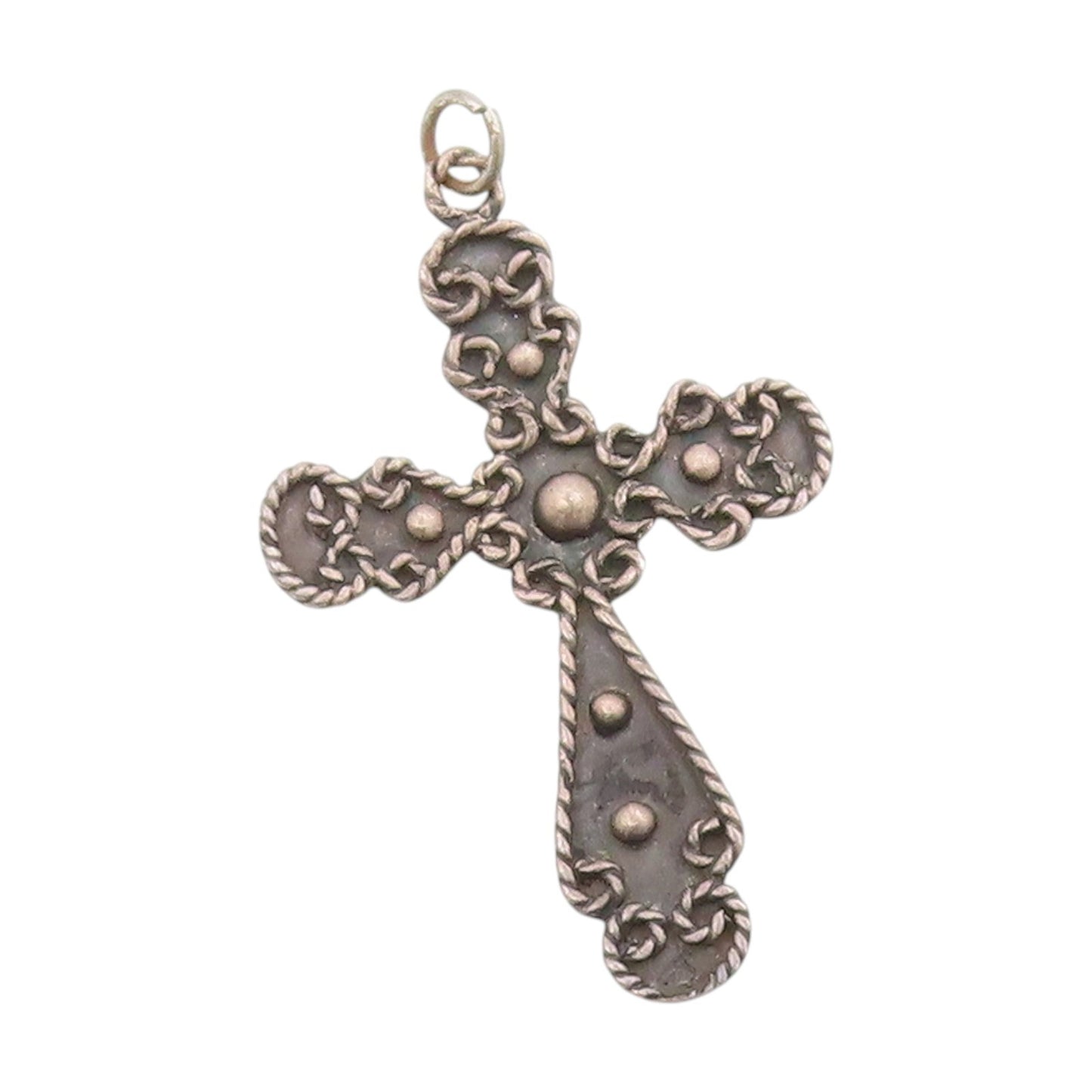 925 Sterling Silver Vintage Pendant Dark Tone Rope Edged Religious Cross PT25031