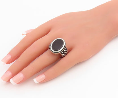 925 Sterling Silver Vintage Ring Cabochon Onyx Chunky Bold Band Sz 11.5 RG34799