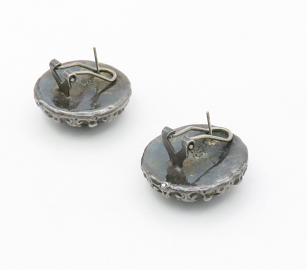 ISRAEL 925 Silver  Vintage Cabochon Black Onyx Non Pierce Earrings  EG7704