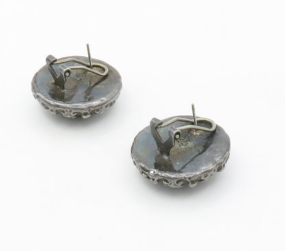ISRAEL 925 Silver  Vintage Cabochon Black Onyx Non Pierce Earrings  EG7704