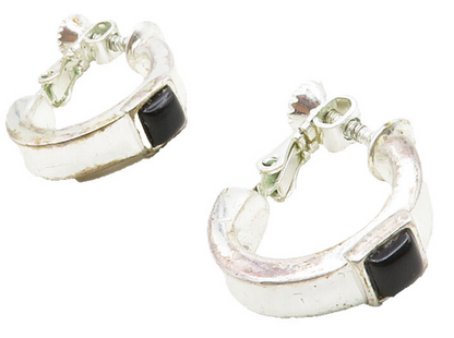 NAPIER 925 Sterling Silver  Vintage Black Onyx Non Pierce Hoop Earrings EG6877