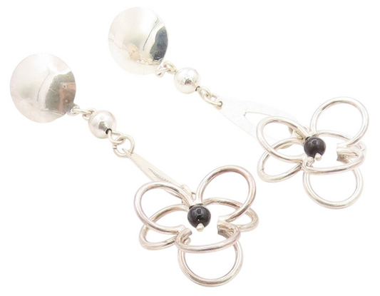 925 Sterling Silver Vintage Earrings MEXICO Modernist Drop Onyx Flower  EG13577