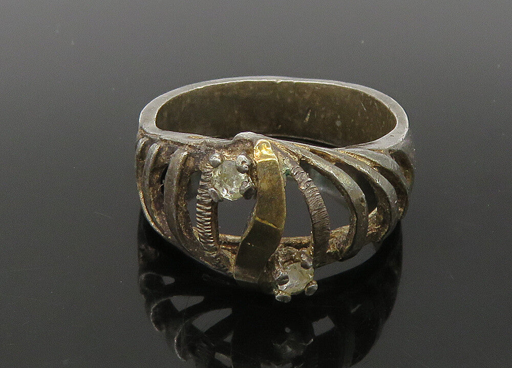 925 Silver & 14K GOLD  Vintage Topaz Two Tone Split Band Ring Sz 6  RG22667
