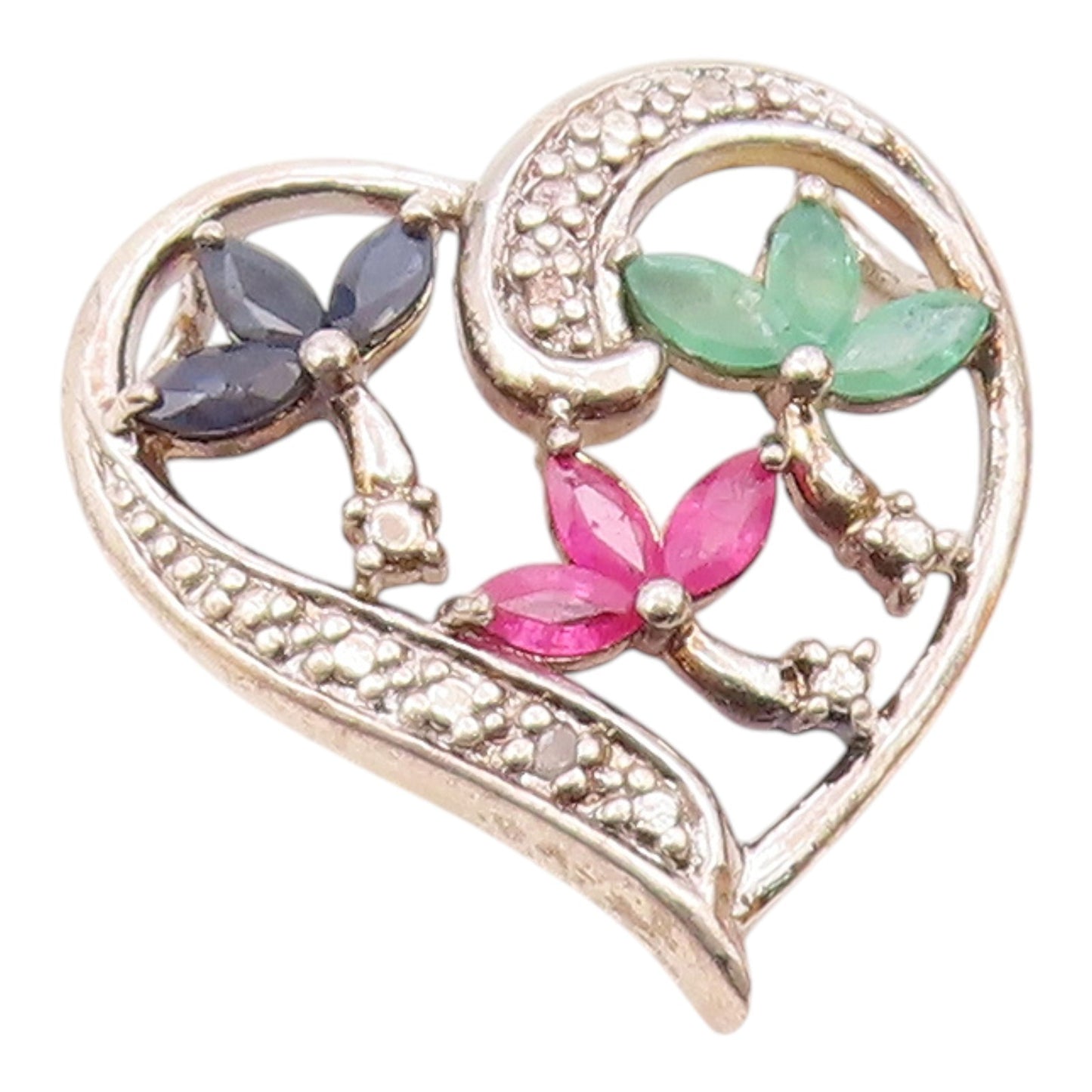 925 Silver  Vintage Sapphire Ruby & Emerald Floral Love Heart Pendant  PT20988