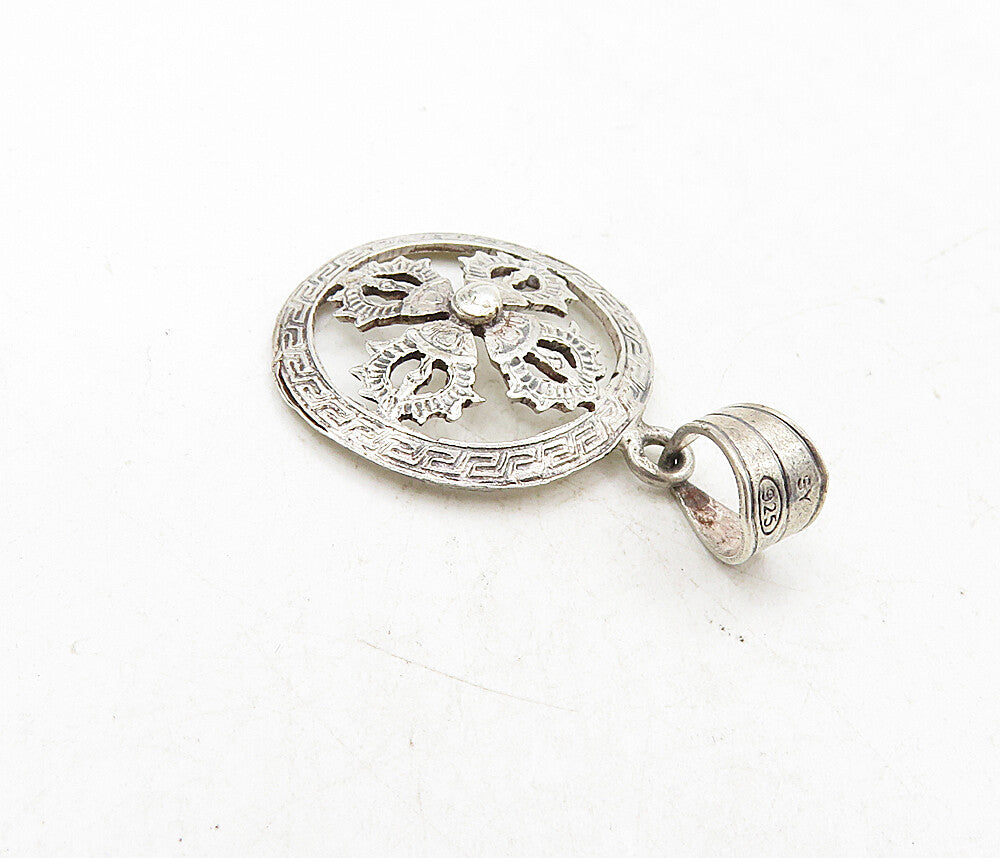 925 Sterling Silver  Vintage Petite Greek Key Floral Leaf Drop Pendant  PT6796