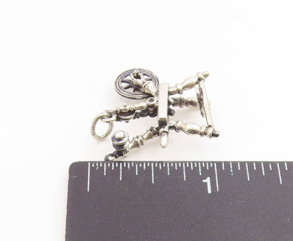 925 Sterling Silver Vintage Pendant Etched Yarn Spinning Machine Charm  PT26152