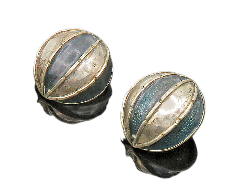 DESIGNER 925 Sterling Silver  Vintage Enamel Dome Non Pierce Earrings  EG11567