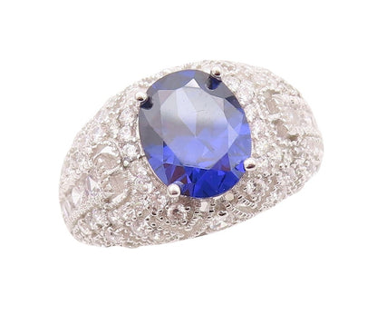 925 Sterling Silver Vintage Ring Carved CZ Inlay Oval Sapphire  Sz 7.5  RG29959