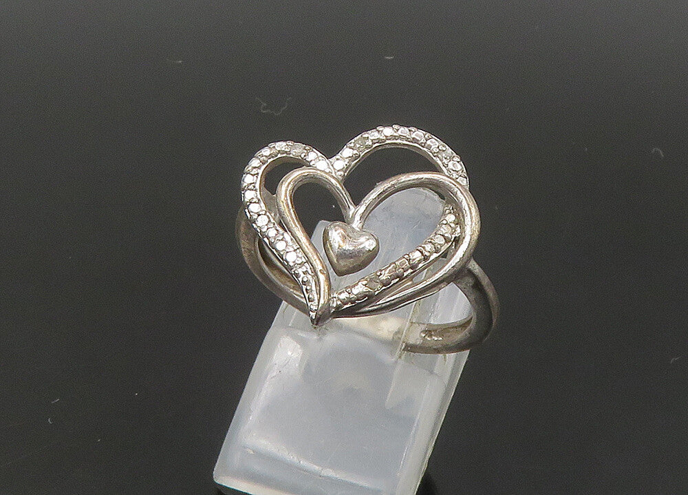 925 Sterling Silver  Vintage Genuine Diamonds Heart Band Ring Sz 7  RG22263