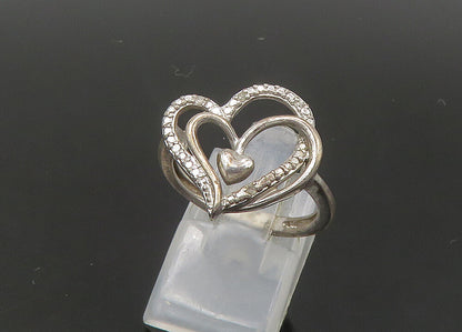 925 Sterling Silver  Vintage Genuine Diamonds Heart Band Ring Sz 7  RG22263