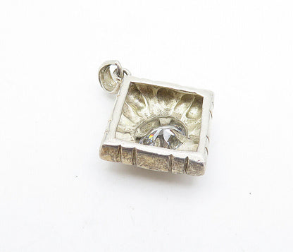 925 Sterling Silver  Vintage Cubic Zirconia Etched Square Drop Pendant  PT3275