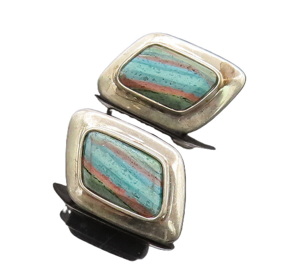 DTR KAY KING 925 Silver  Vintage Modernist Rainbow Calsilica Earrings  EG12708