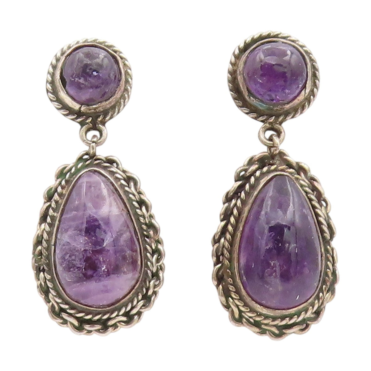 925 Sterling Silver Vintage Earrings Real Cabochon Amethyst Teardrop  EG13839