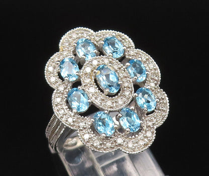 10K GOLD  Vintage Fancy Blue Topaz & Genuine Diamonds Floral Ring Sz 7  GR604