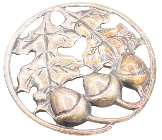 925 Sterling Silver Vintage Brooch Etched Acorn & Oak Leaf Botanical Pin BP11939