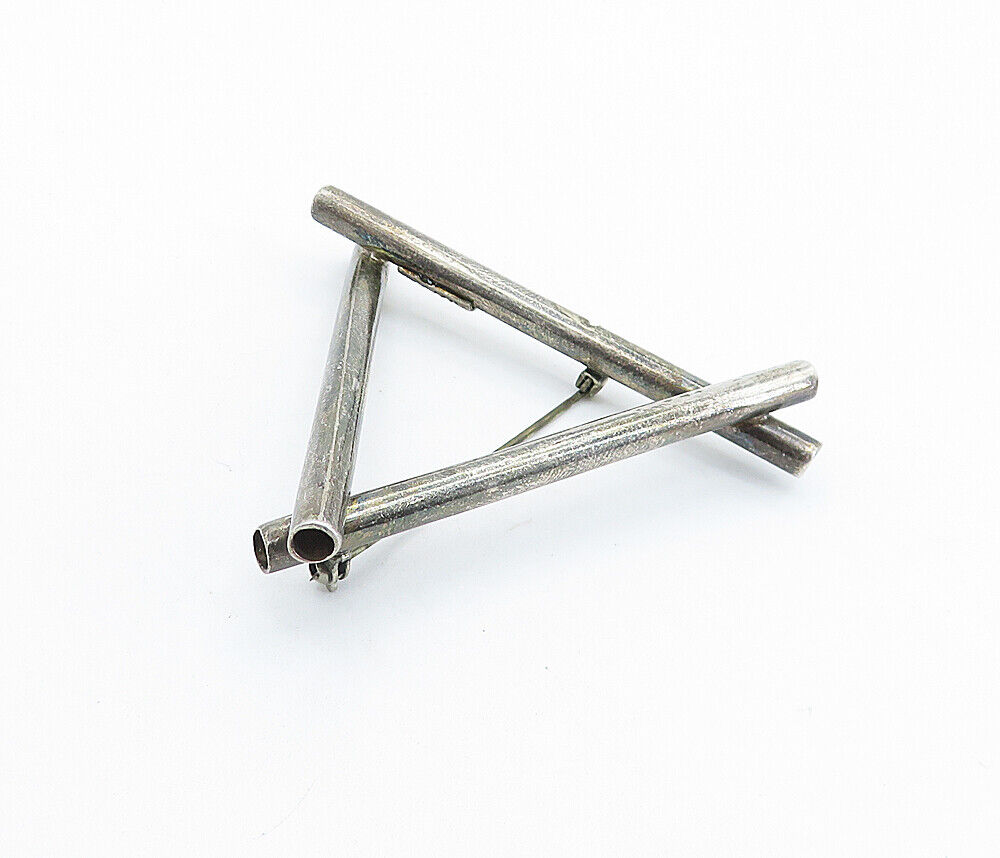 MEXICO 925 Sterling Silver - Vintage Oxidized Triangle Tubes Brooch Pin - BP2503